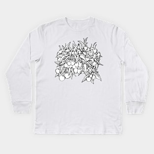 Pen & Ink Black & White Big Bunch of Cherries & Flowers Kids Long Sleeve T-Shirt